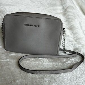 Michael Kors Gray Saffiano Leather Crossbody Bag Silver Chain